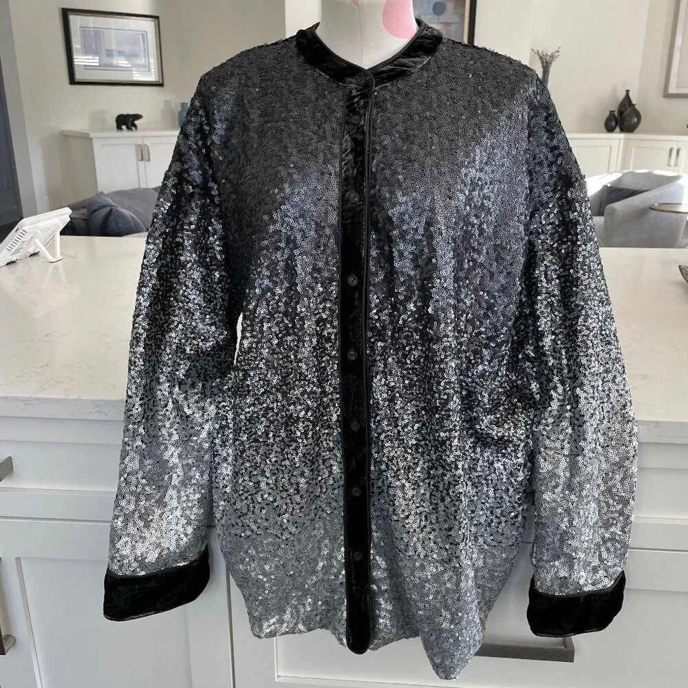 Johnny Was Bohemian Button Down Sequined Jacket Velvet Trim Blk Grey Silv Sz XL
